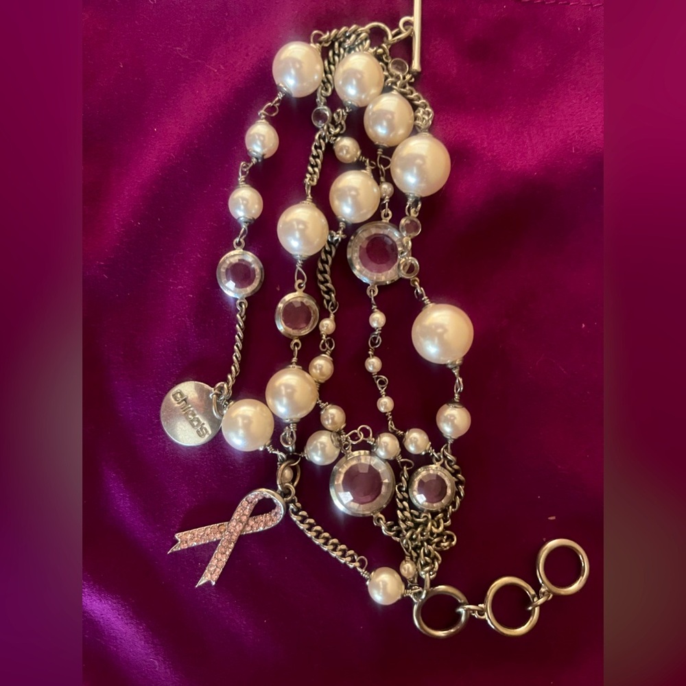 Chico's Breast Cancer Awareness Bracelet w/swirls of faux pearls & clear stones